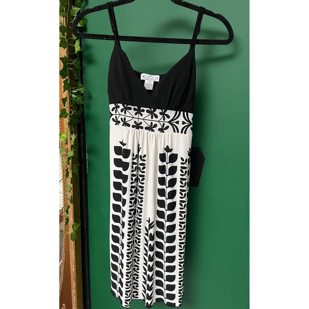 Trixxi Black White Botanical Print Empire Waist Dress Adjustable Straps Large